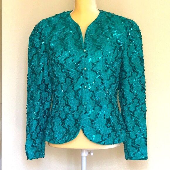 VTG Nah Nah Collection Lace Emerald Sequins Women Blazer Sz 12 Made In USA - Picture 8 of 16